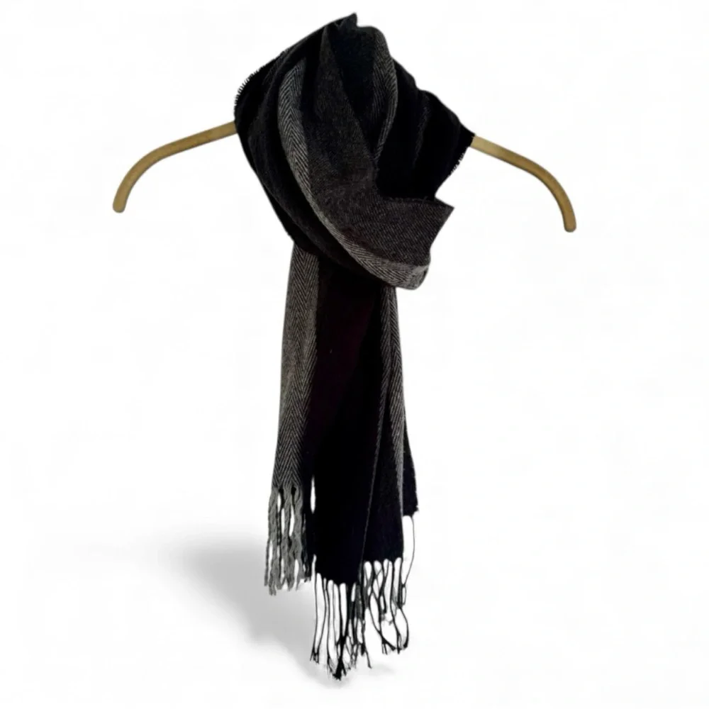 Black & Brown Striped Fringe Scarf Work Office Travel Gray Black Unisex One Size